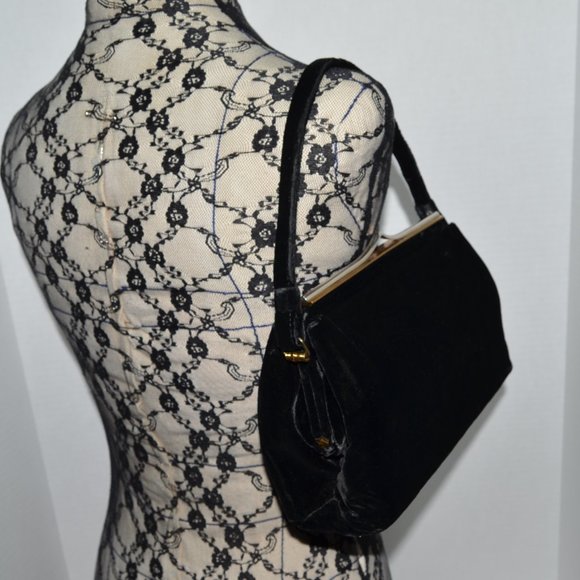 Vintage 40’s or 50’s Black Velvet Evening Bag with Attached Coin Purse MCM Pinup - Picture 6 of 15